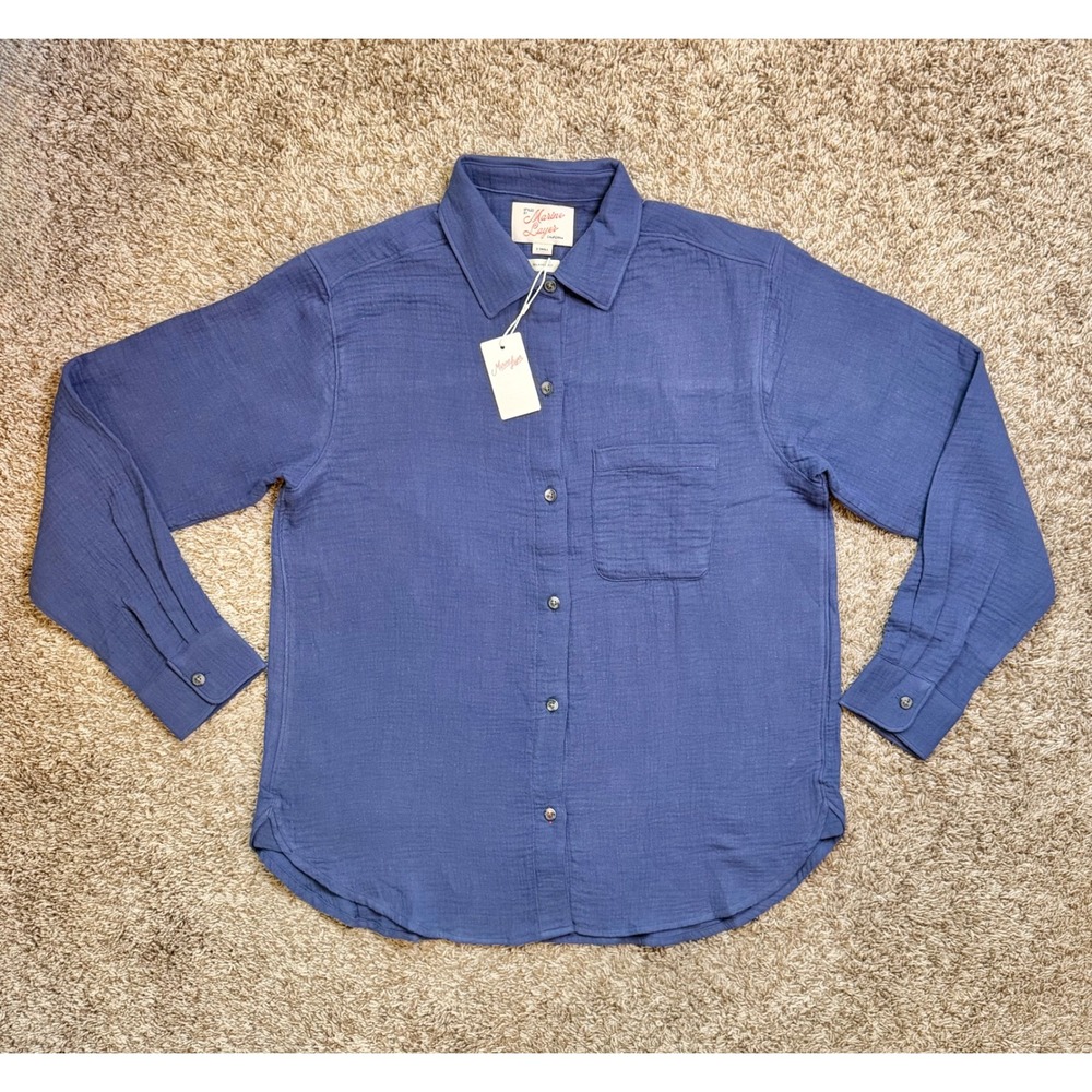 Marine Layer Jane Relaxed Double Cloth Shirt Bay Blue XS Button Down Long Sleeve